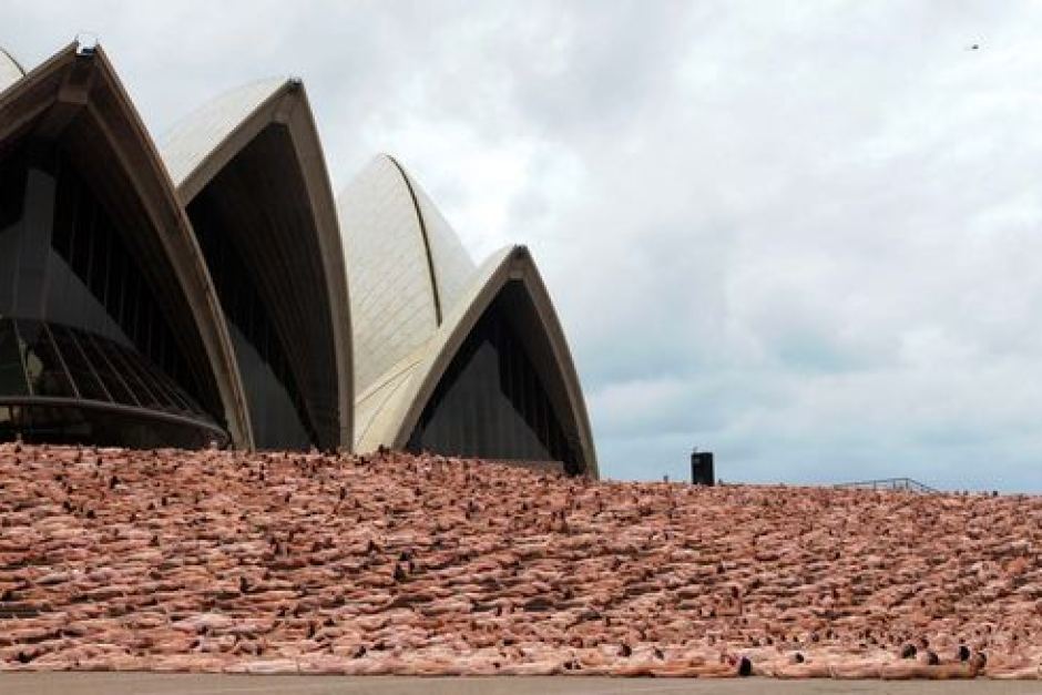 Sydney Opera House with 5200 naked people laying on the forecourt